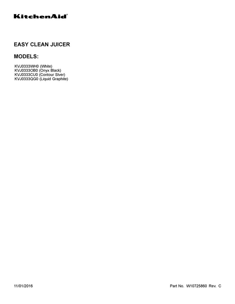 Cover Sheet Diagram and Parts List for KVJ0333OB0  KitchenAid Juicer