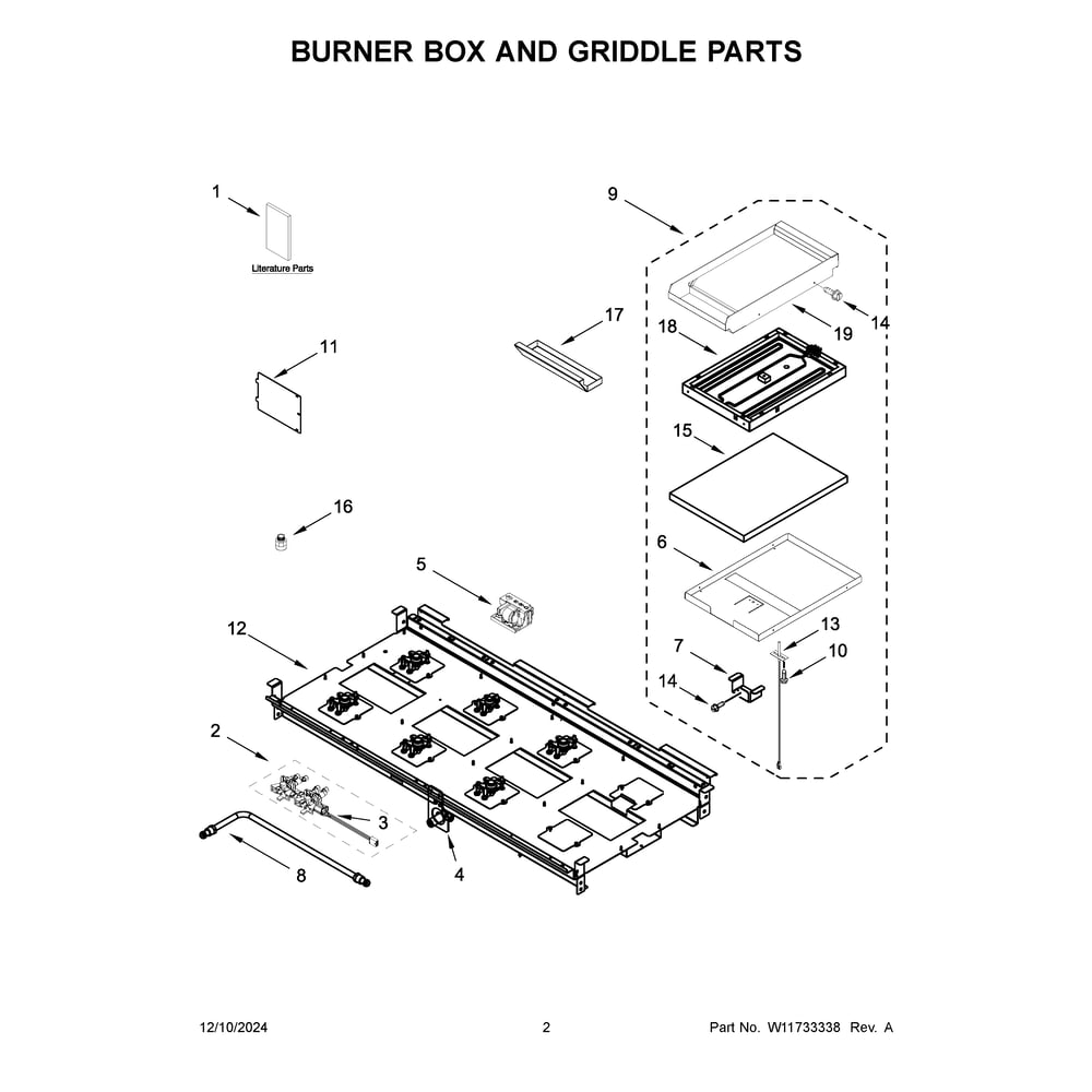Burner Box And Griddle Parts Diagram and Parts List for KFDC558JMH03  KitchenAid Range