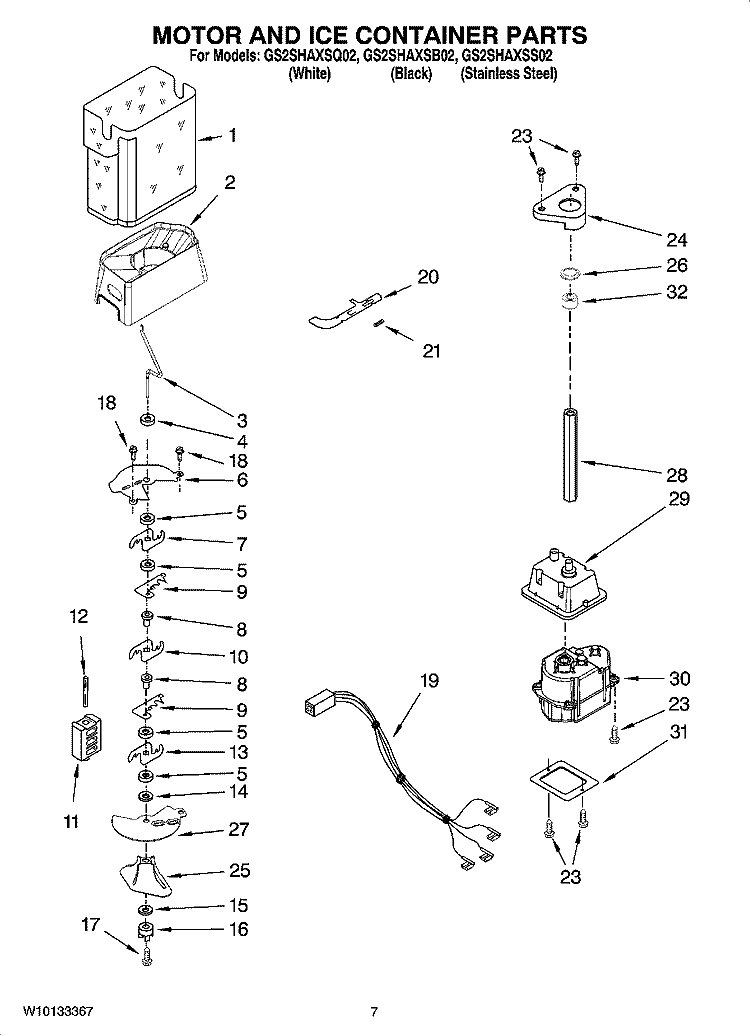 MOTOR AND ICE CONTAINER PARTS Diagram and Parts List for GS2SHAXSQ02  Whirlpool Refrigerator