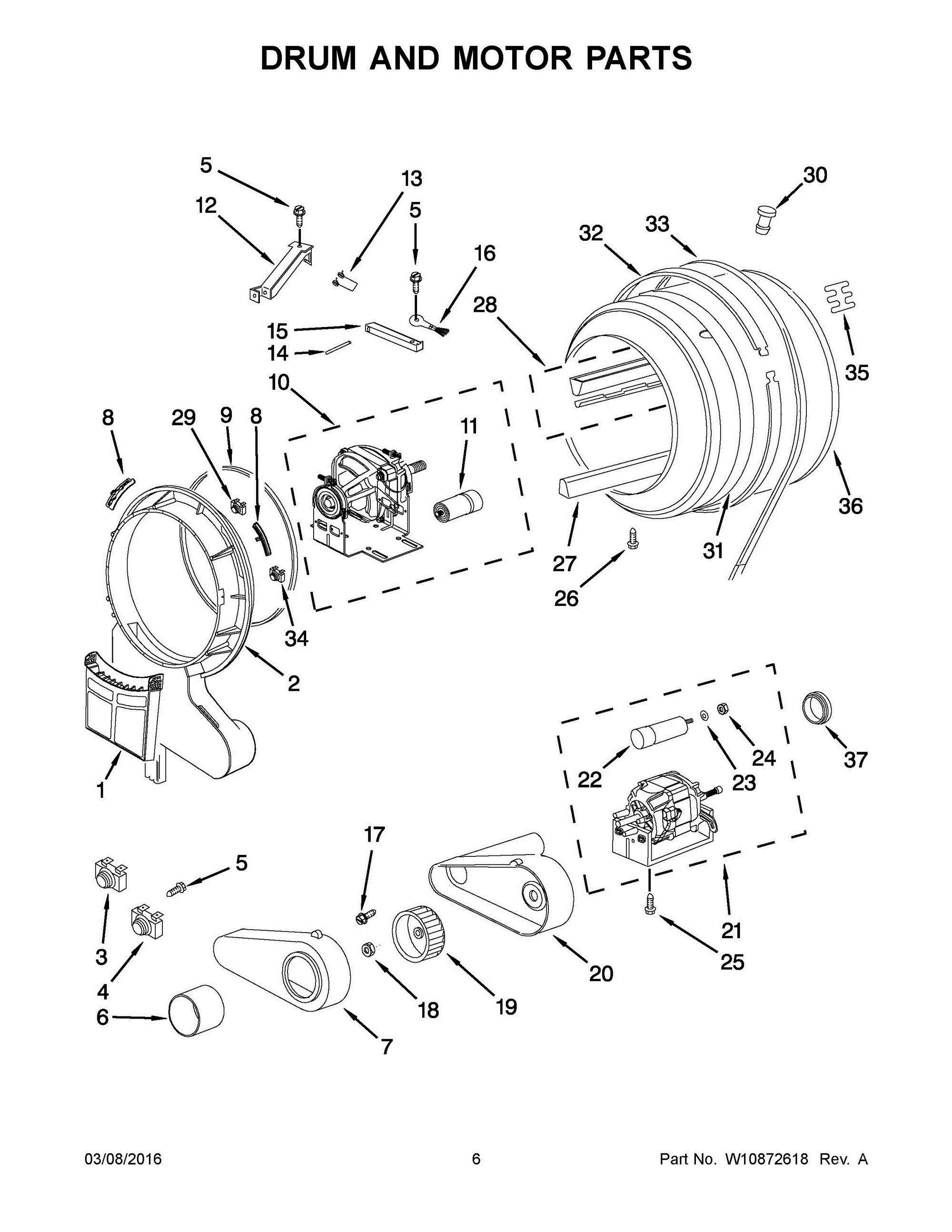 04 - DRUM AND MOTOR PARTS Diagram and Parts List for YWED7500VW2  Whirlpool Dryer