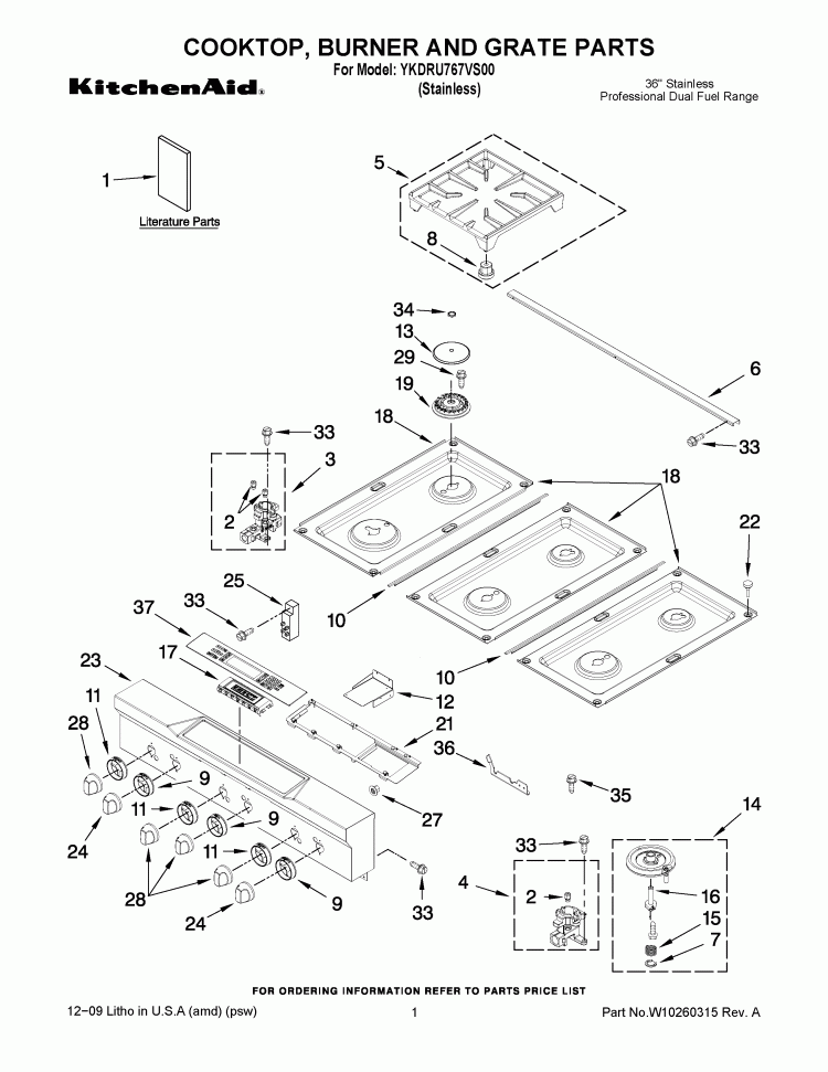 COOKTOP, BURNER AND GRATE PARTS Diagram and Parts List for YKDRU767VS00  KitchenAid Range