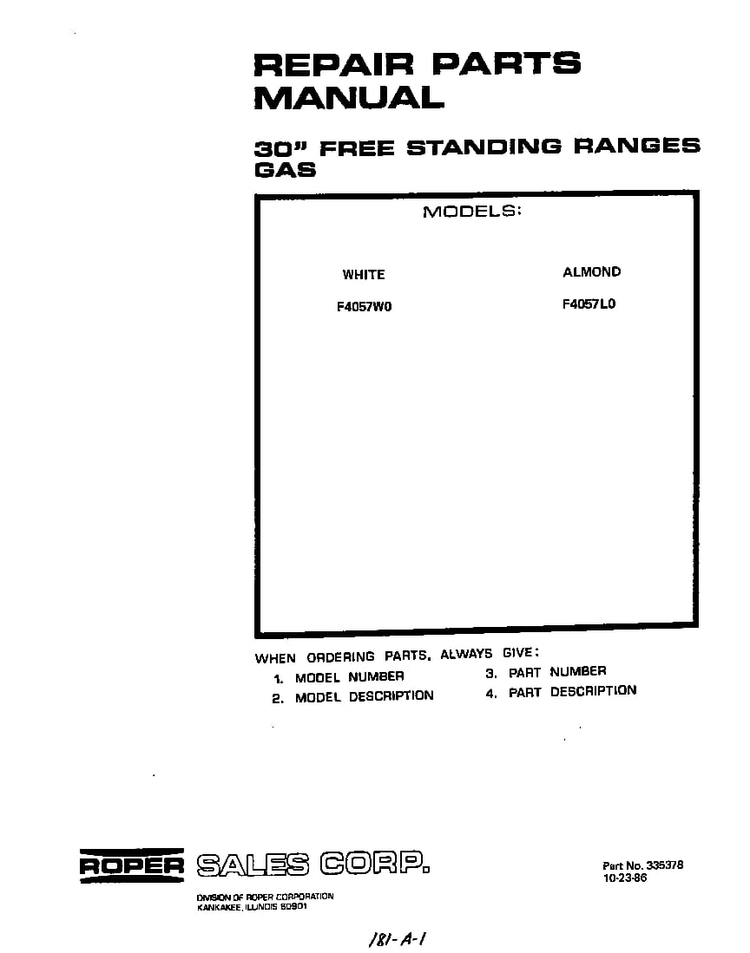 Front Cover Diagram and Parts List for F4057W0  Roper Range