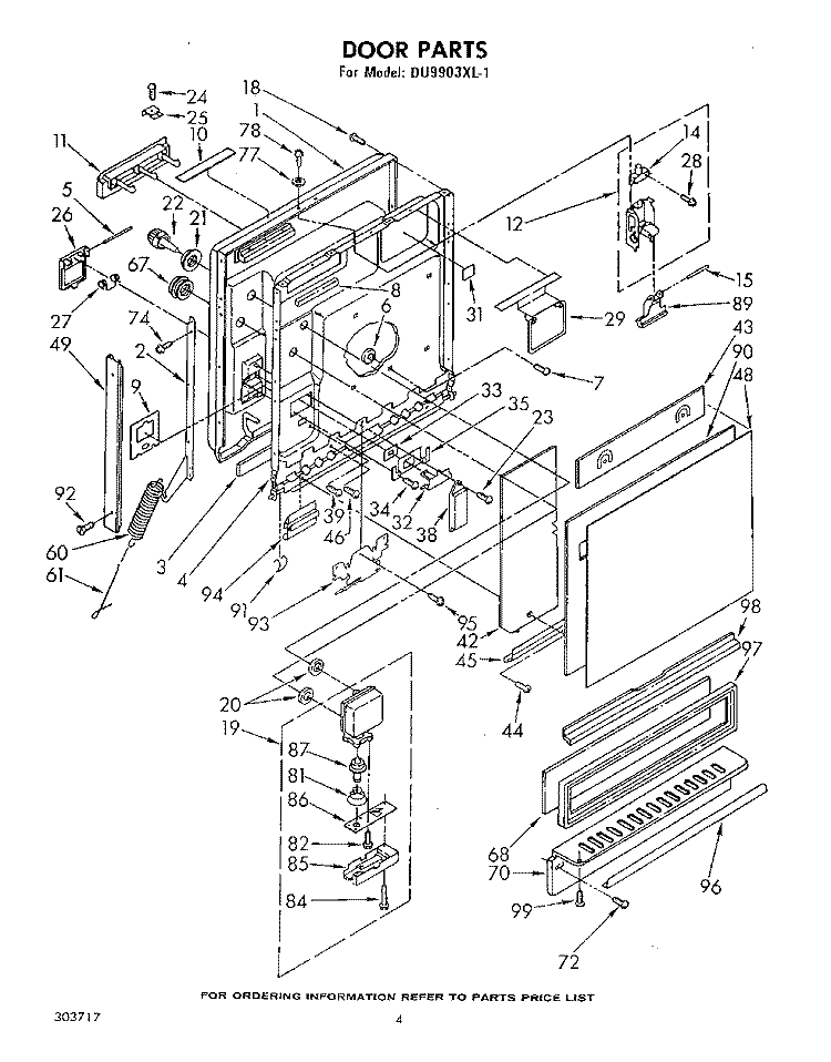 DOOR Diagram and Parts List for DU9903XL1  Whirlpool Dishwasher