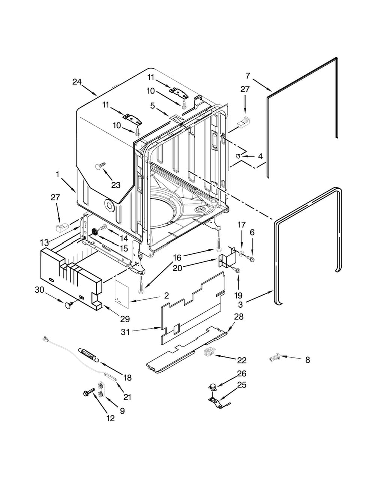 Tub And Frame Parts Diagram and Parts List for KDTM354DSS0  KitchenAid Dishwasher