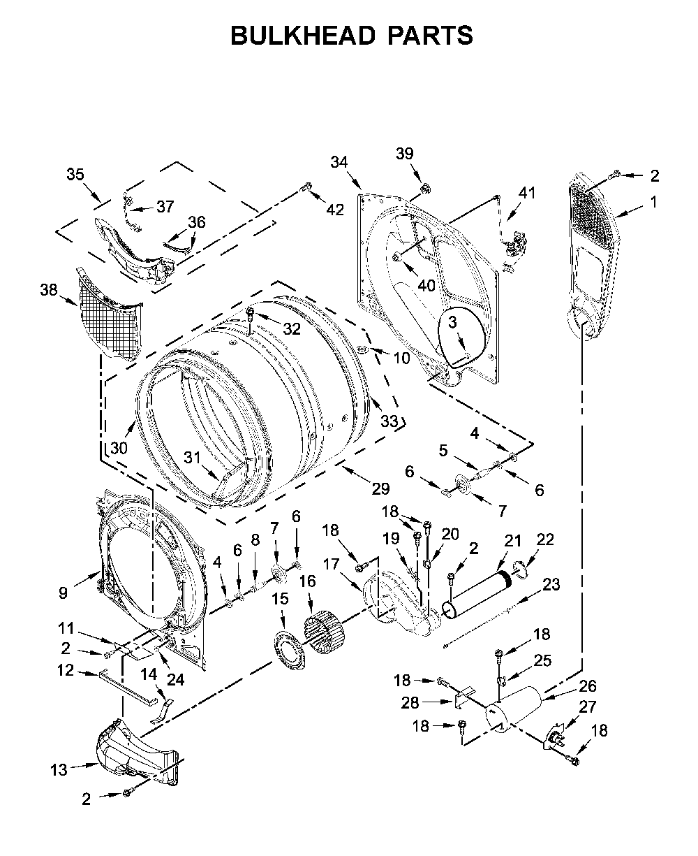 Bulkhead parts Diagram and Parts List for 7MWGD6620HW1  Whirlpool Dryer