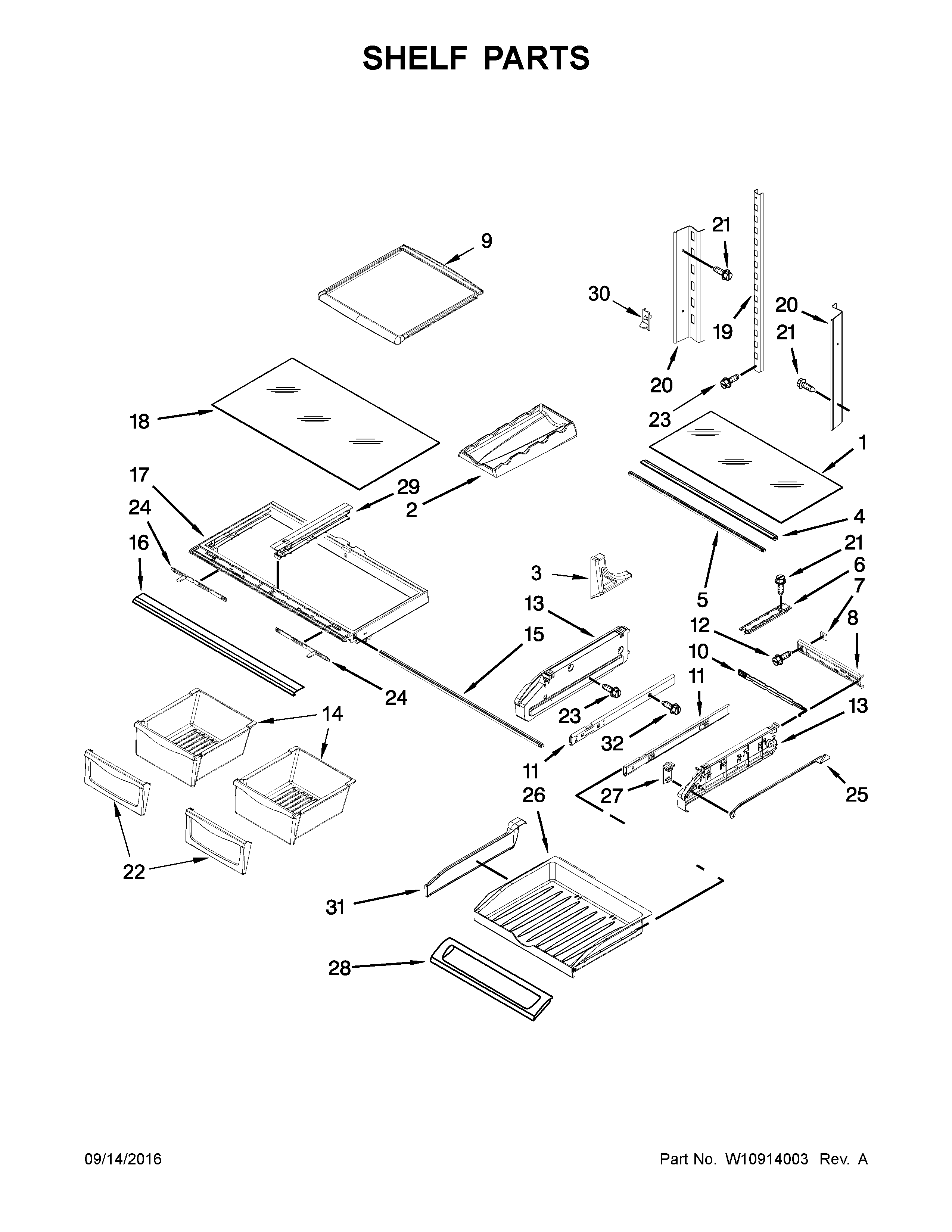 Shelf Parts Diagram and Parts List for 59679243018  Kenmore Refrigerator