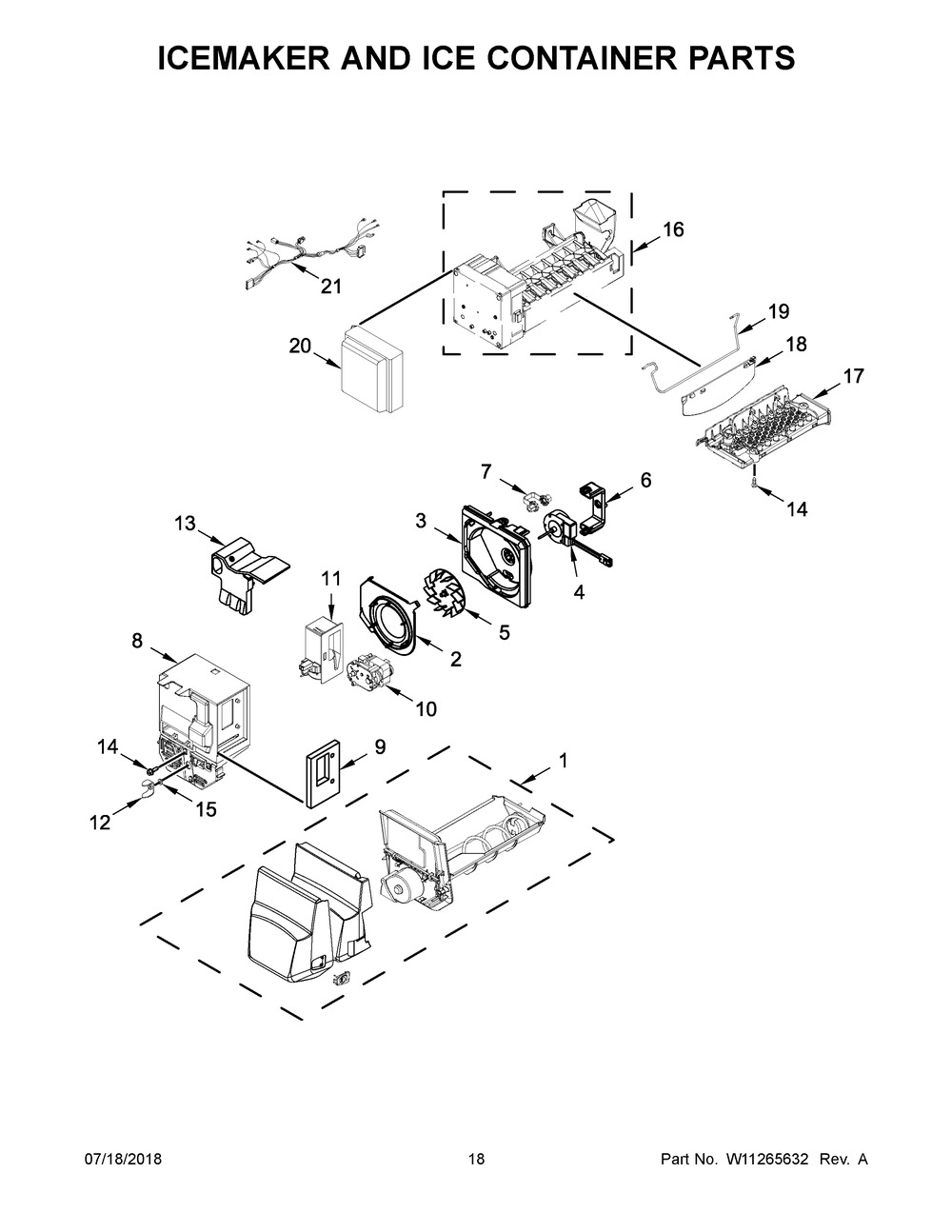 Icemaker And Ice Container Parts Diagram and Parts List for WRF550CDHZ01  Whirlpool Refrigerator