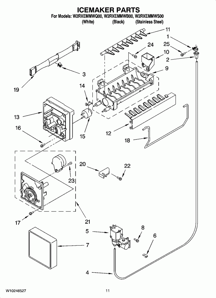 ICEMAKER PARTS Diagram and Parts List for W2RXEMMWB00  Whirlpool Refrigerator
