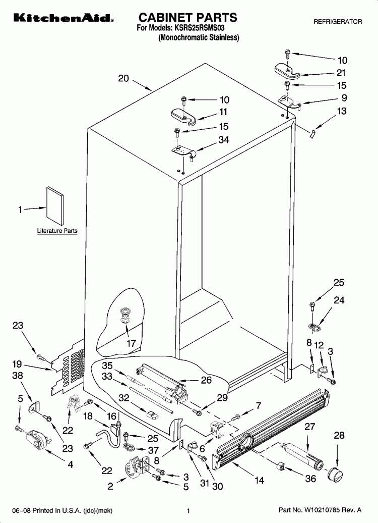 CABINET PARTS Diagram and Parts List for KSRS25RSMS03  KitchenAid Refrigerator