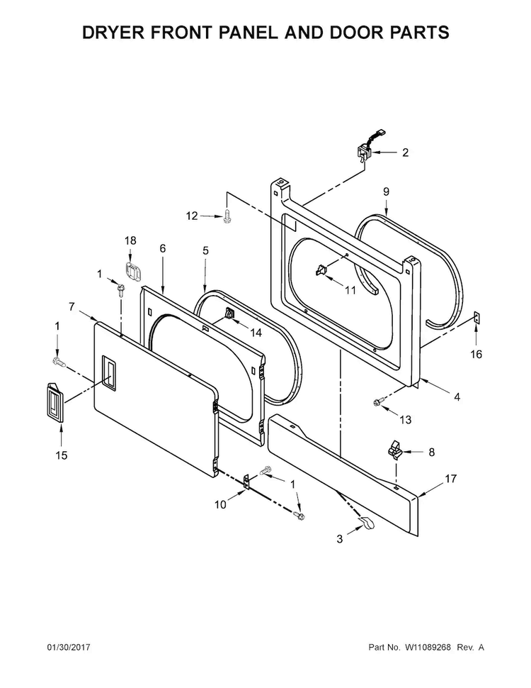 Dryer Front Panel And Door Parts Diagram and Parts List for WET4027EW1  Whirlpool Washer Dryer Combo