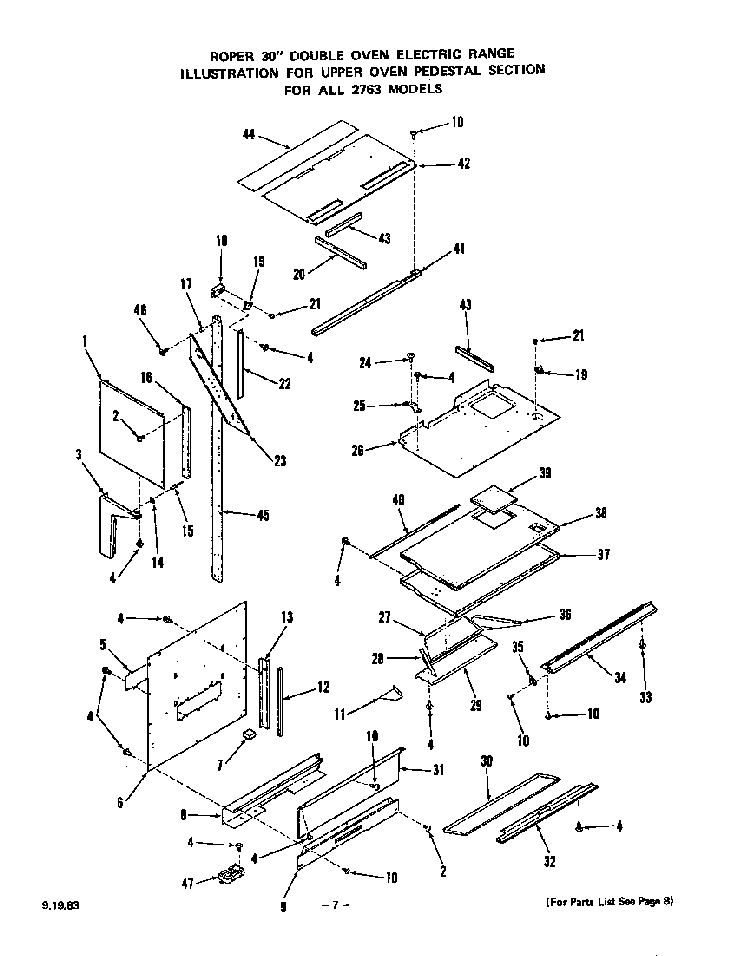 Upper Oven Pedestal Diagram and Parts List for 2763*0A  Roper Range