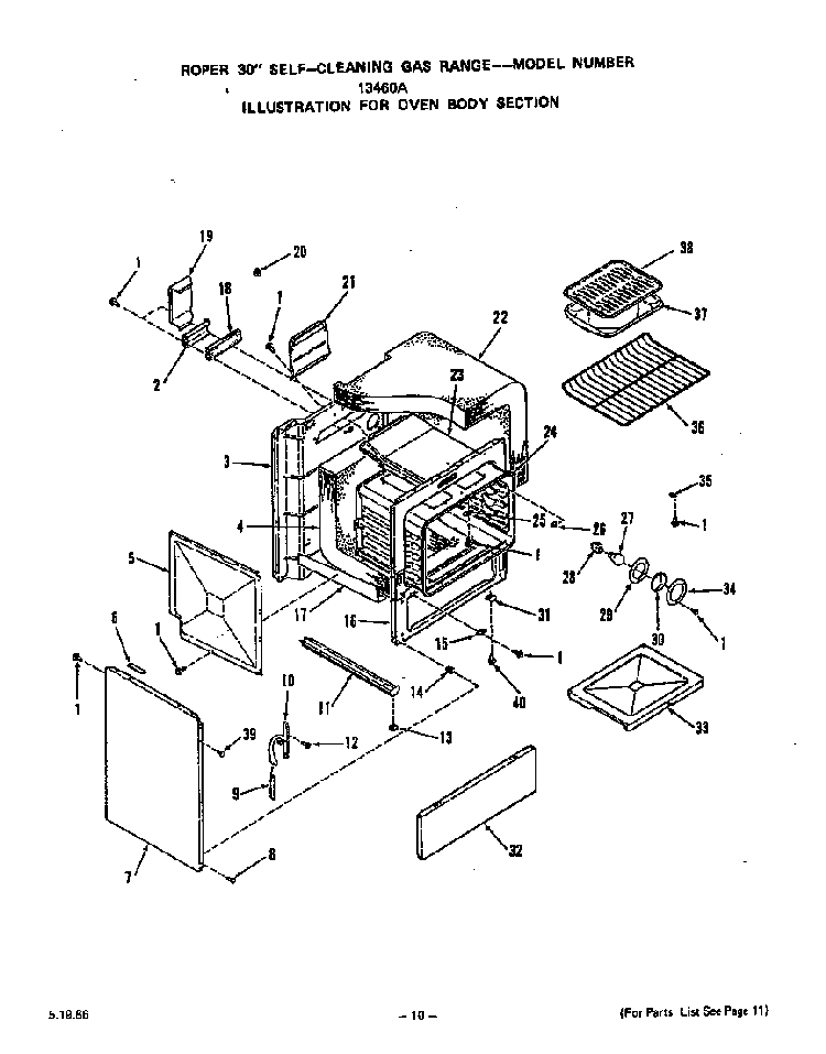 Oven Body Diagram and Parts List for 1346*0A  Roper Range