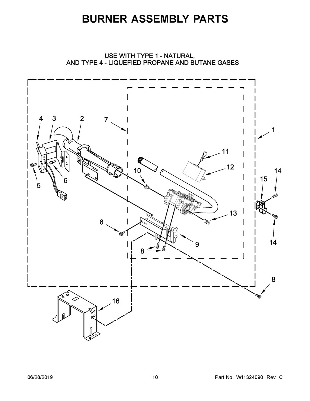 Burner Assembly Parts Diagram and Parts List for WGD6620HC0  Whirlpool Dryer
