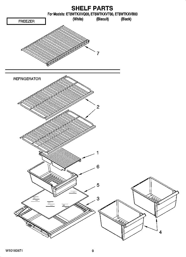 SHELF PARTS, OPTIONAL PARTS Diagram and Parts List for ET8WTKXVB00  Whirlpool Refrigerator