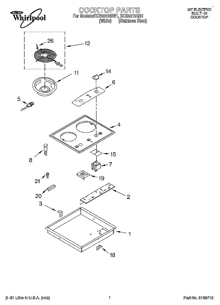 SECTION Diagram and Parts List for RCS2012GW1  Whirlpool Cooktop