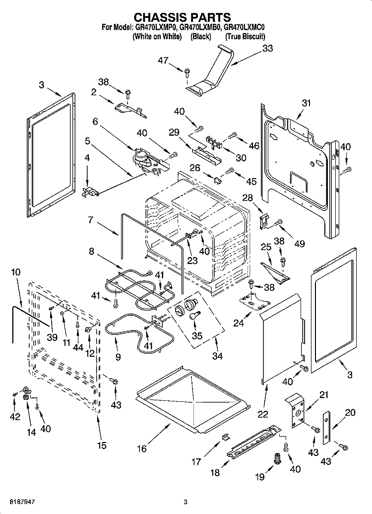 CHASSIS PARTS Diagram and Parts List for GR470LXMB0  Whirlpool Range