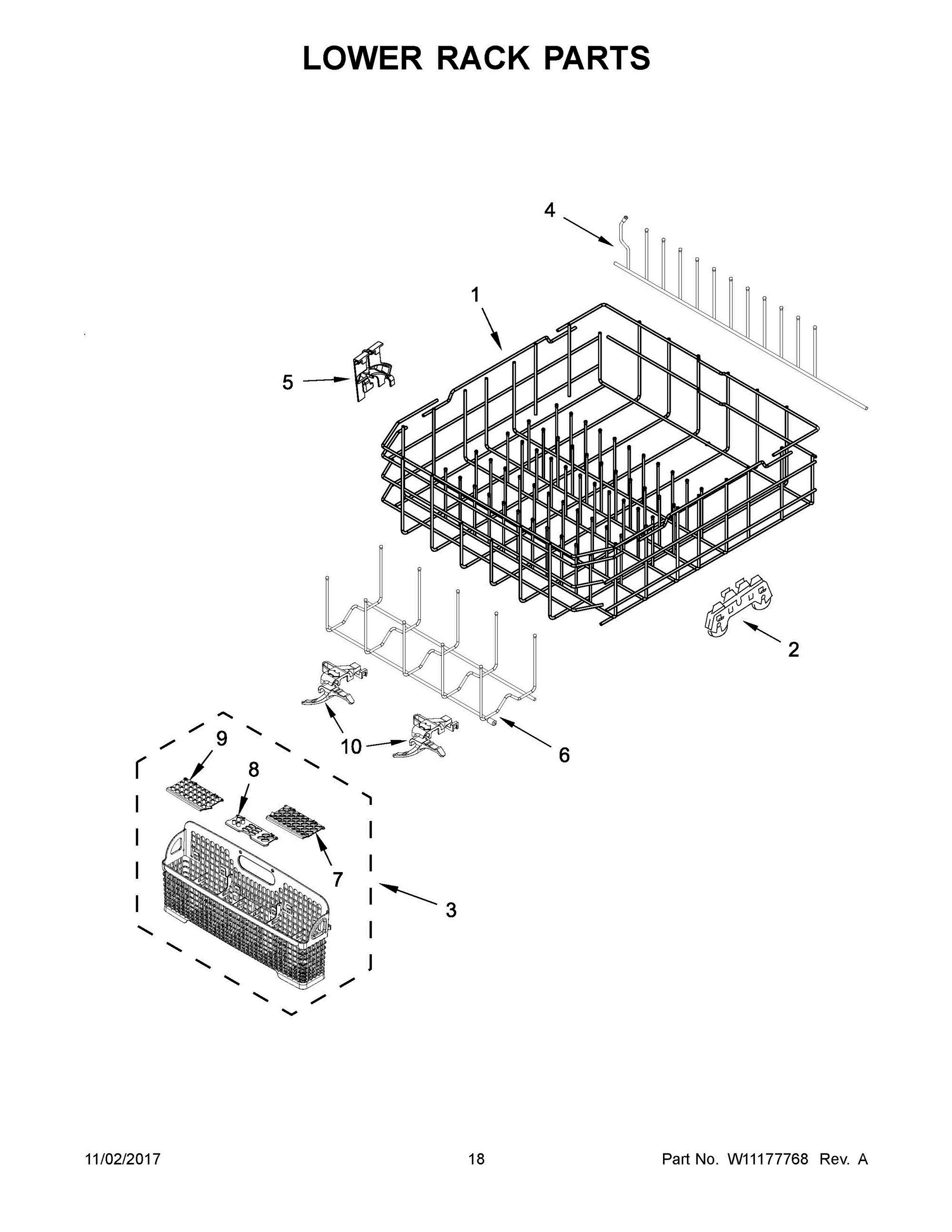 10 - LOWER RACK PARTS Diagram and Parts List for BLB14DRANA5  Whirlpool Dishwasher