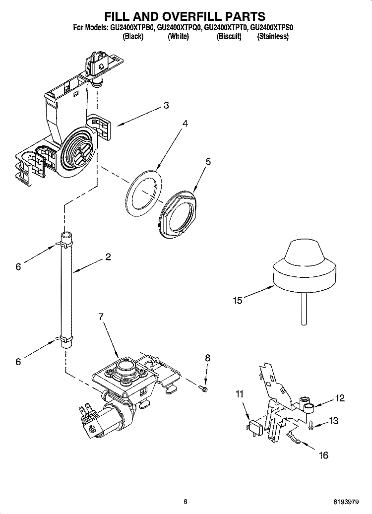 FILL AND OVERFILL PARTS Diagram and Parts List for GU2400XTPB0  Whirlpool Dishwasher