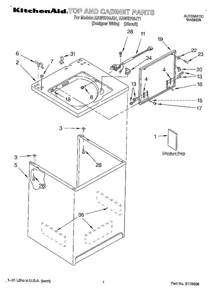 TOP AND CABINET, LITERATURE Diagram and Parts List for KAWS700JT1  KitchenAid Washer