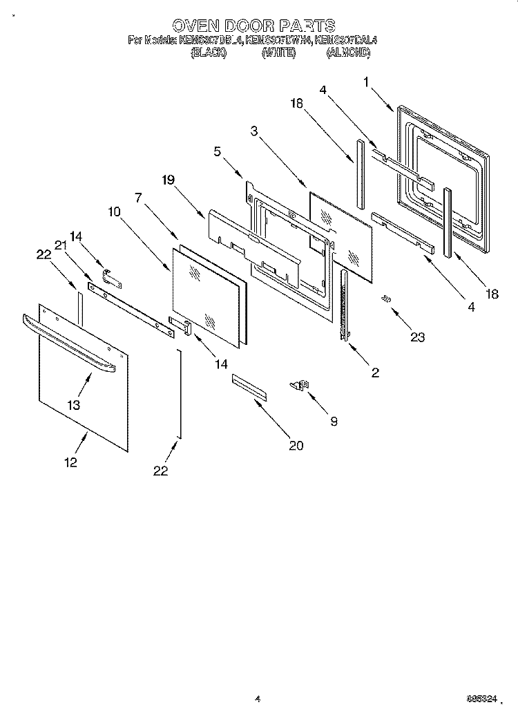 OVEN DOOR Diagram and Parts List for KEMS307DBL4  KitchenAid Microwave Oven Combo
