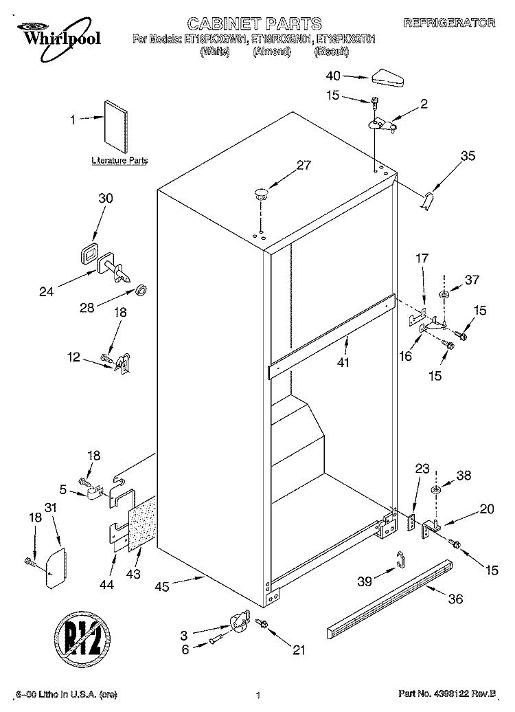 CABINET, LITERATURE Diagram and Parts List for ET18PKXGN01  Whirlpool Refrigerator