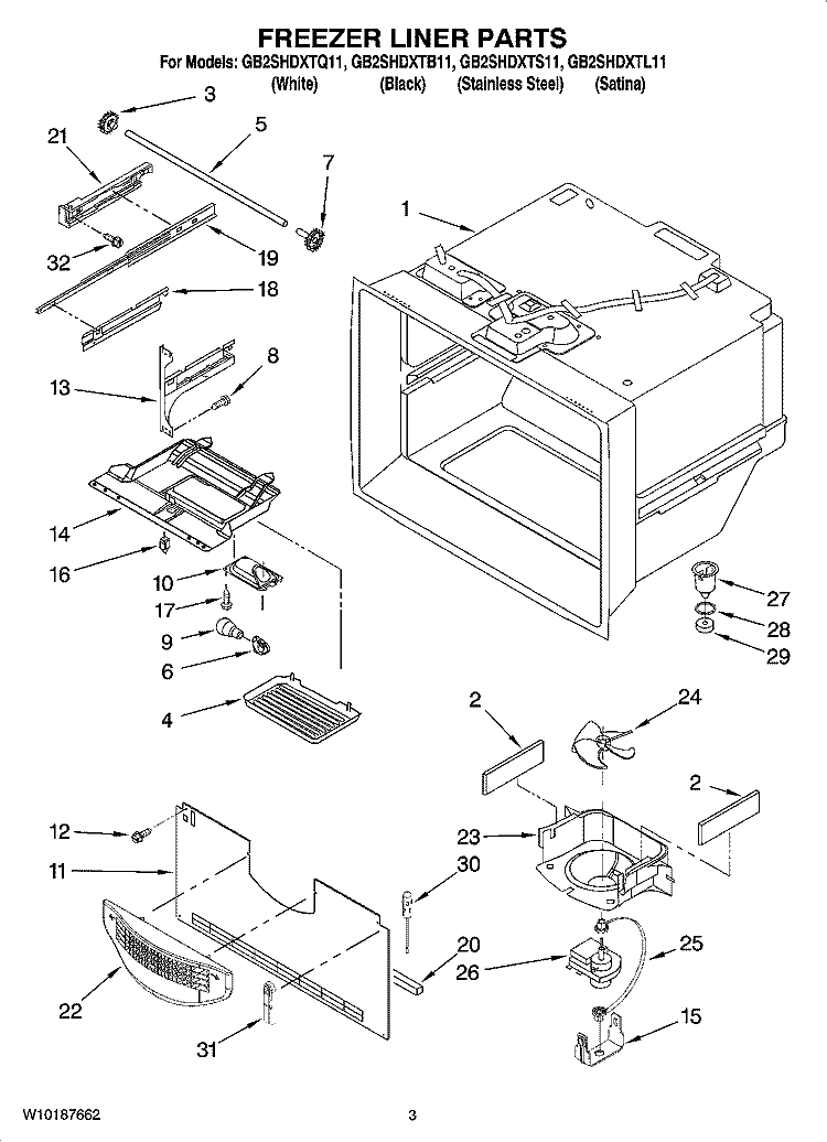 FREEZER LINER PARTS Diagram and Parts List for GB2SHDXTB11  Whirlpool Refrigerator