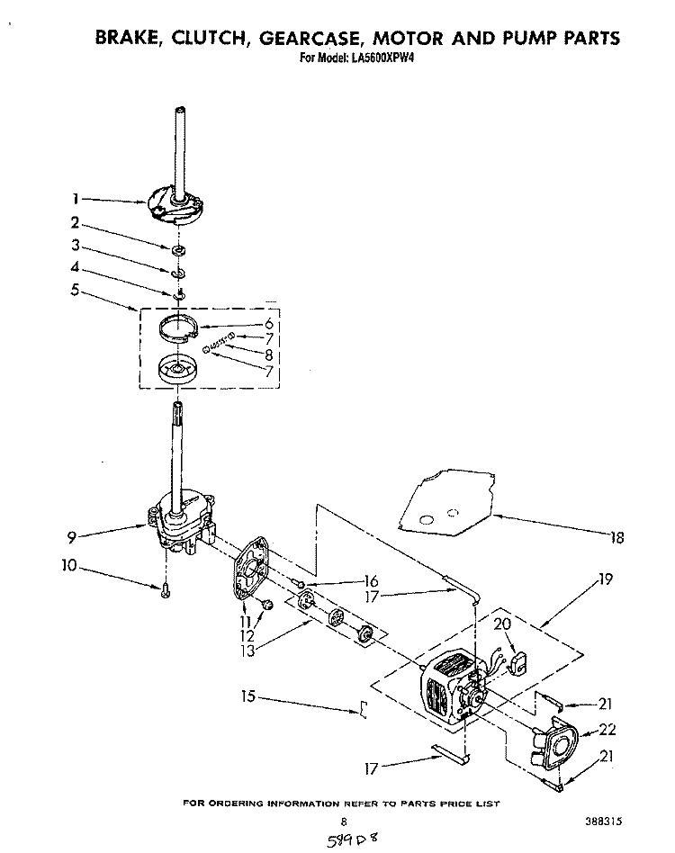 BRAKE, CLUTCH, GEARCASE, MOTOR AND PUMP Diagram and Parts List for LA5600XPW4  Whirlpool Washer