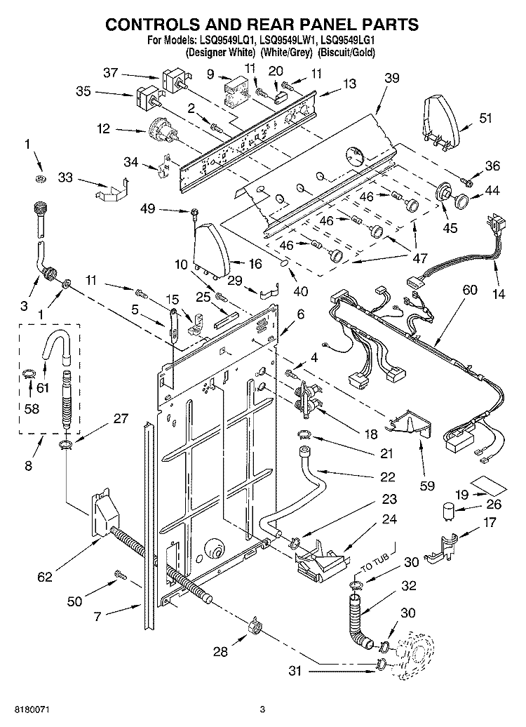 CONTROLS AND REAR PANEL PARTS Diagram and Parts List for LSQ9549LW1  Whirlpool Washer