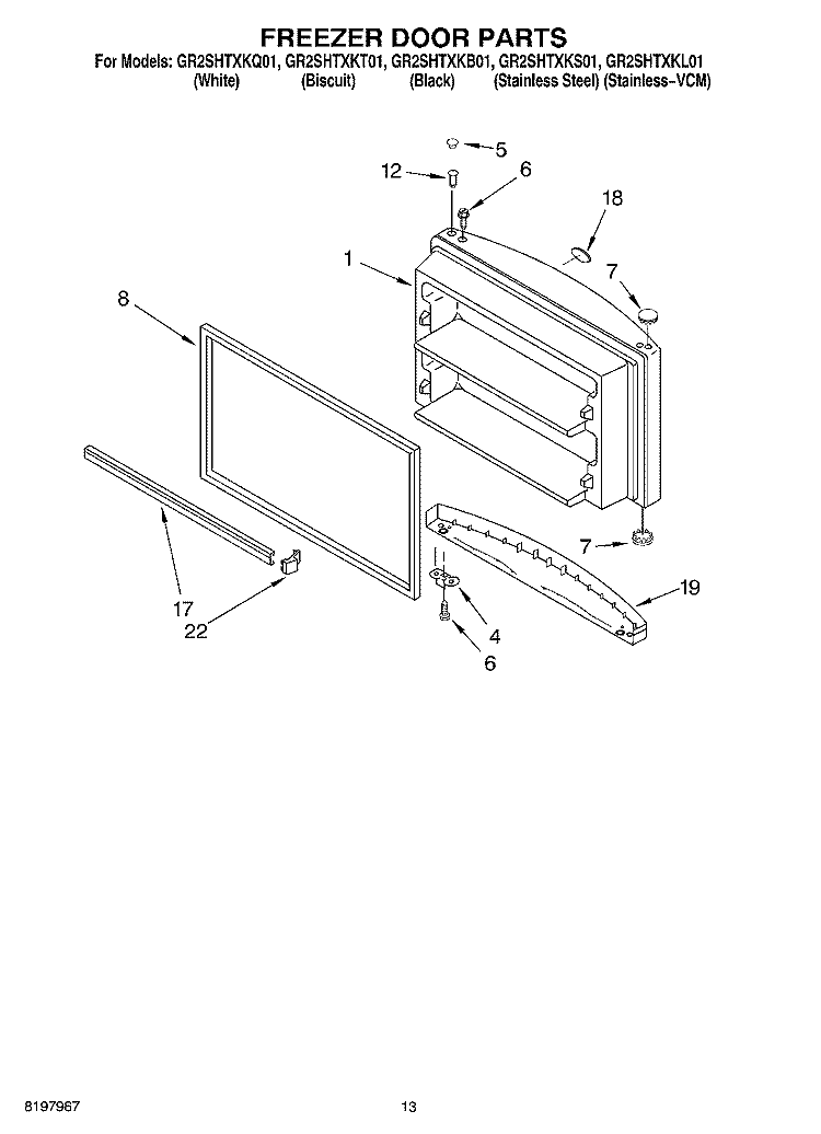 FREEZER DOOR Diagram and Parts List for GR2SHTXKL01  Whirlpool Refrigerator