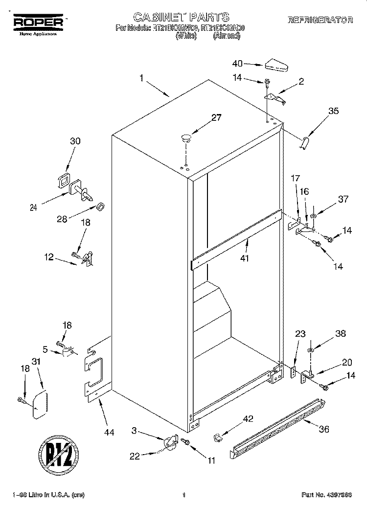 CABINET Diagram and Parts List for RT21DKXGW00  Roper Refrigerator
