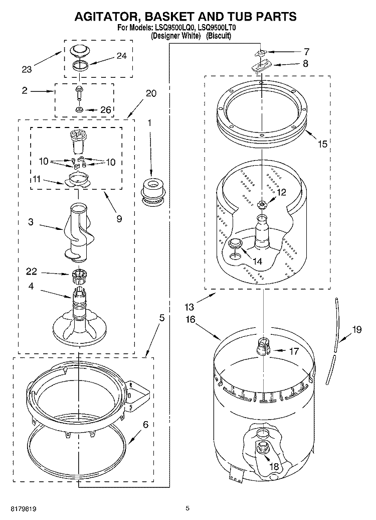 AGITATOR, BASKET AND TUB Diagram and Parts List for LSQ9500LT0  Whirlpool Washer