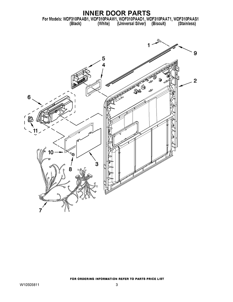 INNER DOOR PARTS Diagram and Parts List for WDF310PAAT1  Whirlpool Dishwasher