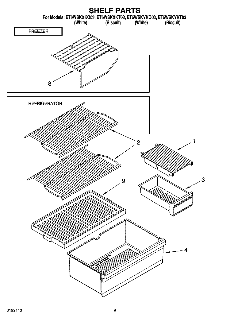 SHELF PARTS, OPTIONAL PARTS Diagram and Parts List for ET6WSKXKT03  Whirlpool Refrigerator