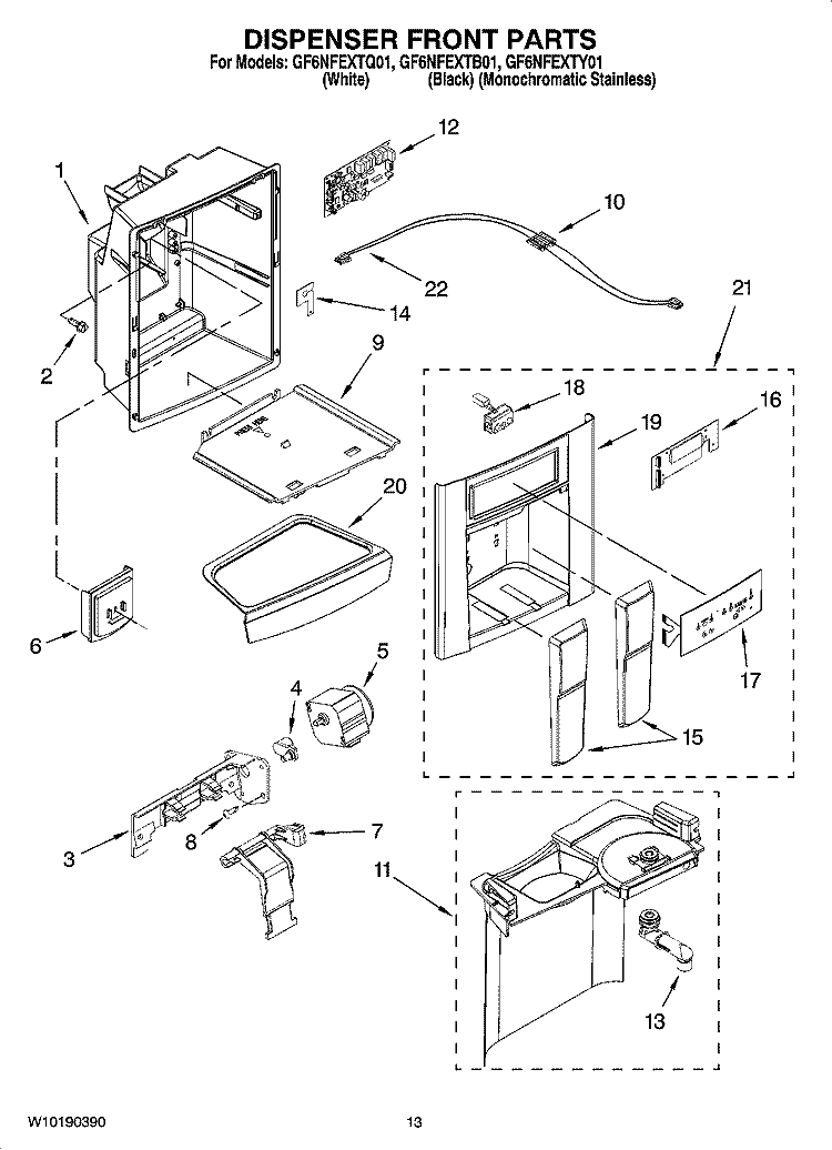 DISPENSER FRONT PARTS Diagram and Parts List for GF6NFEXTY01  Whirlpool Refrigerator