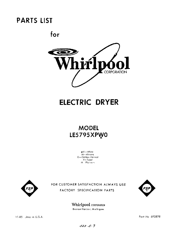 SECTION Diagram and Parts List for LE5795XPW0  Whirlpool Dryer