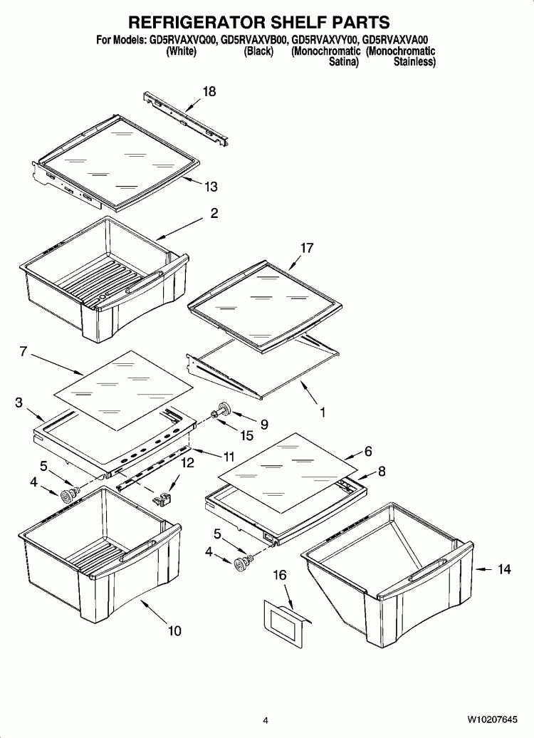 REFRIGERATOR SHELF PARTS Diagram and Parts List for GD5RVAXVB00  Whirlpool Refrigerator