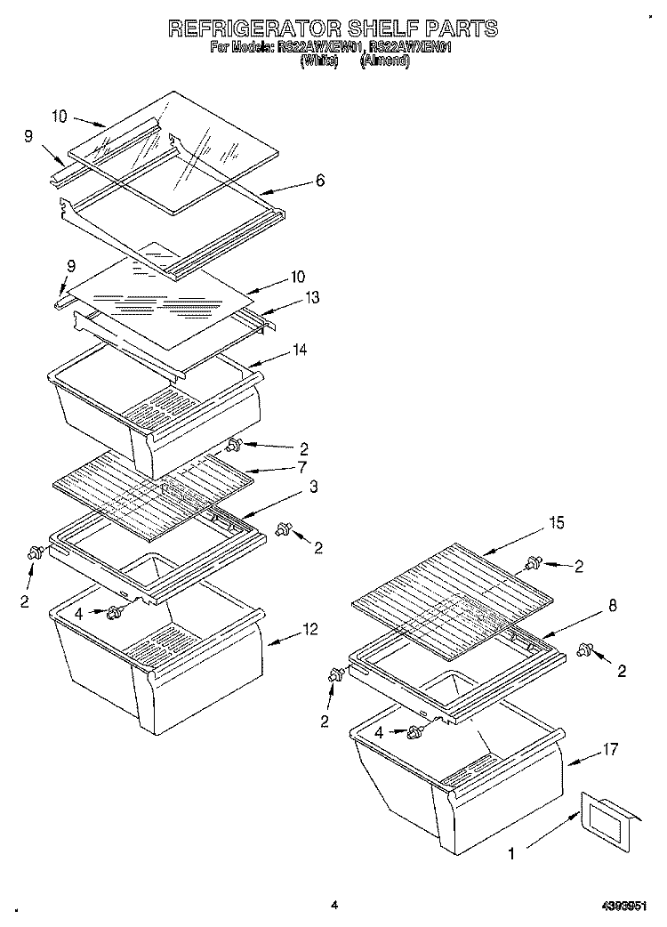 REFRIGERATOR SHELF Diagram and Parts List for RS22AWXEN01  Roper Refrigerator