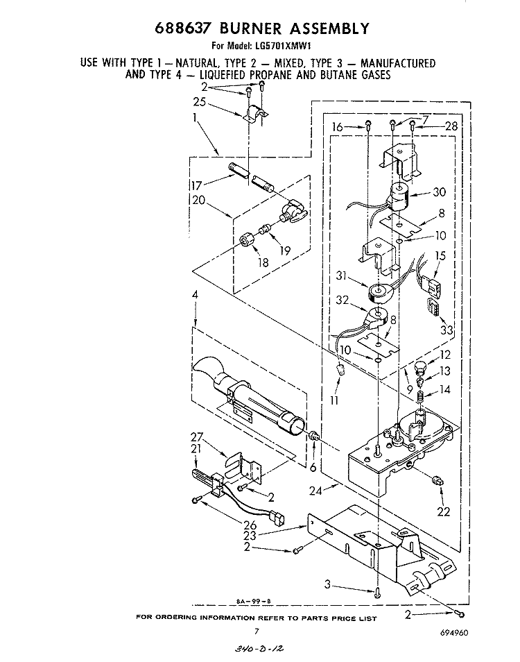 688637 BURNER Diagram and Parts List for LG5701XMW1  Whirlpool Dryer
