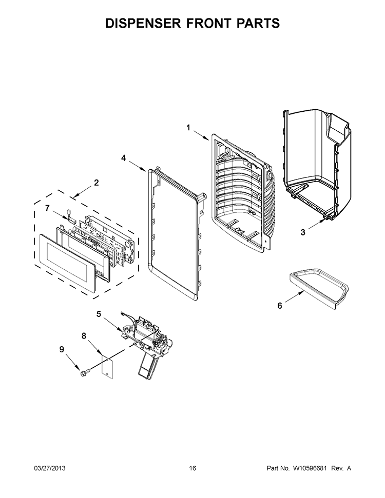 DISPENSER FRONT PARTS Diagram and Parts List for 7WF736SDAM10  Whirlpool Refrigerator