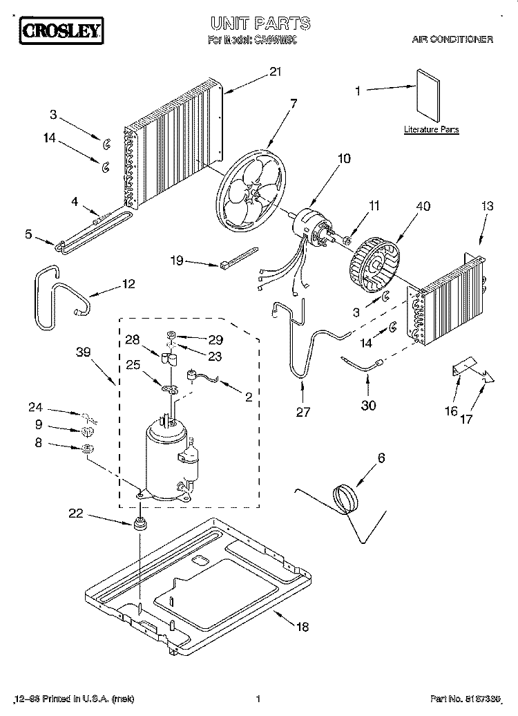 UNIT, LITERATURE Diagram and Parts List for CA6WM90  Crosley Air Conditioner