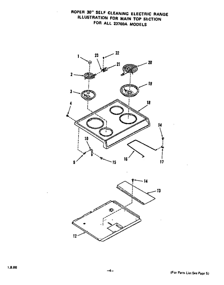 Main Top Diagram and Parts List for 2376*0A  Roper Range