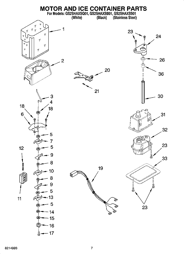 MOTOR AND ICE CONTAINER PARTS Diagram and Parts List for GS2SHAXSQ01  Whirlpool Refrigerator