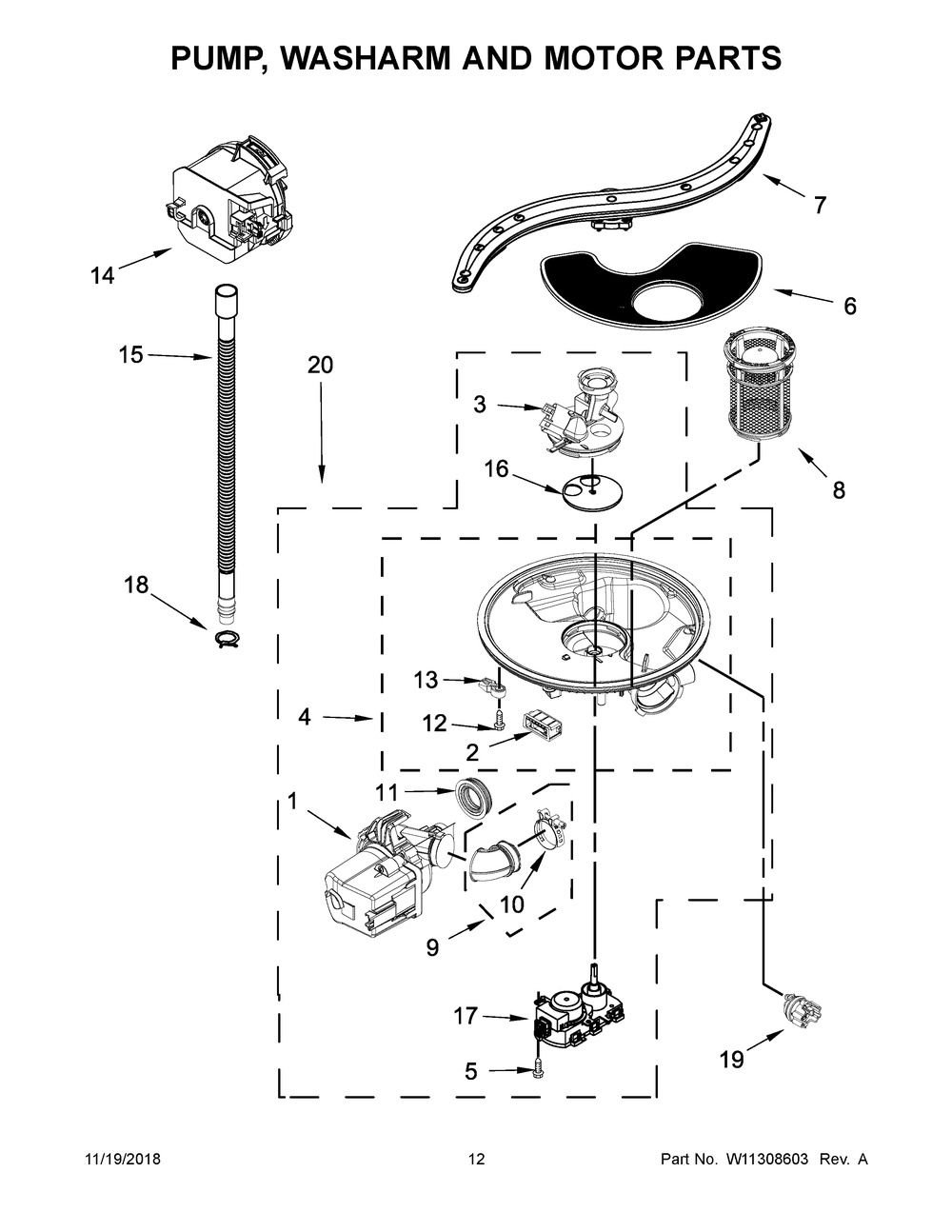 Pump, Washarm And Motor Parts Diagram and Parts List for BLB14FRANA0  Whirlpool Dishwasher