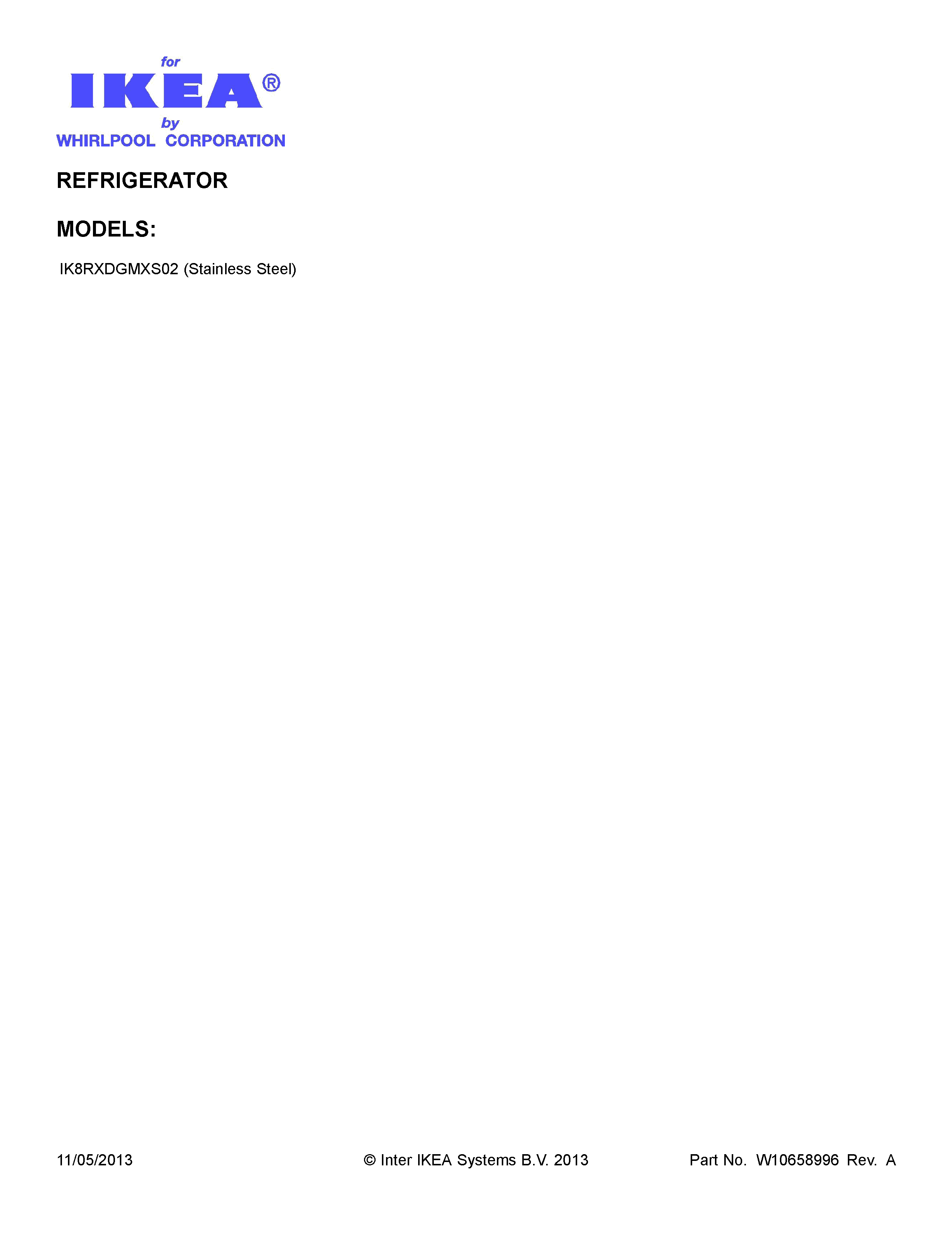 Cover Sheet Diagram and Parts List for IK8RXDGMXS02  Whirlpool Refrigerator