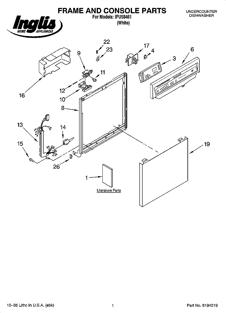 FRAME AND CONSOLE PARTS Diagram and Parts List for IPU58461  Inglis Dishwasher