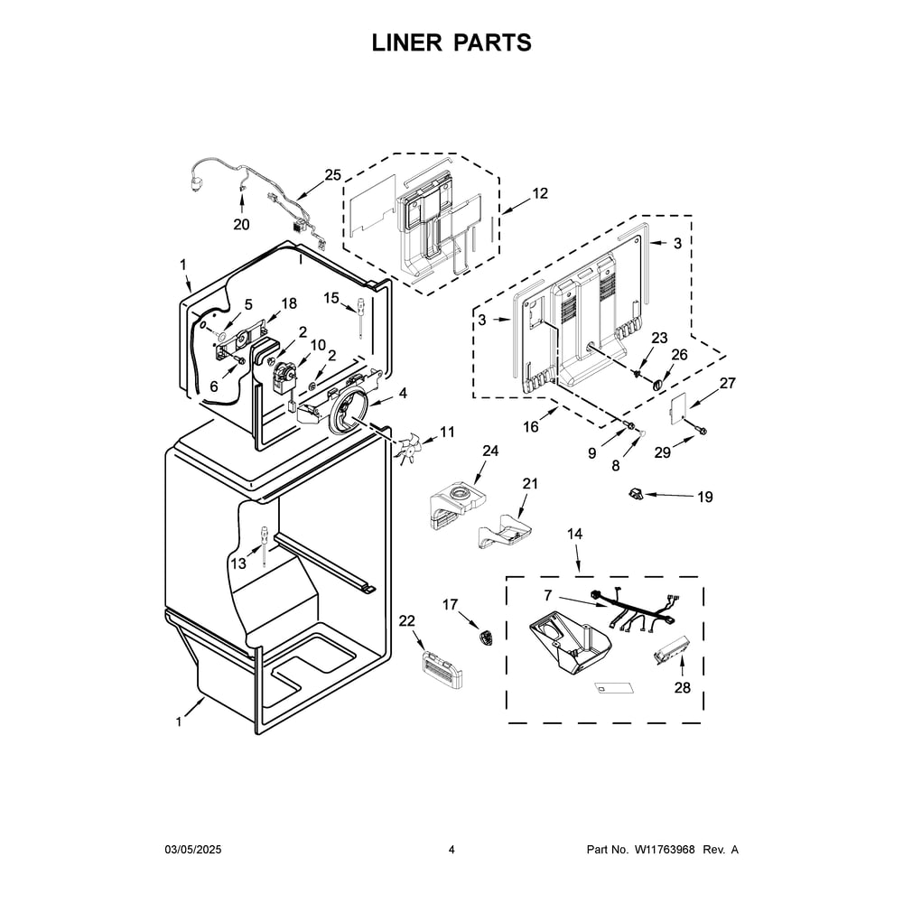 Liner Parts Diagram and Parts List for WRT148FZDM08  Whirlpool Refrigerator