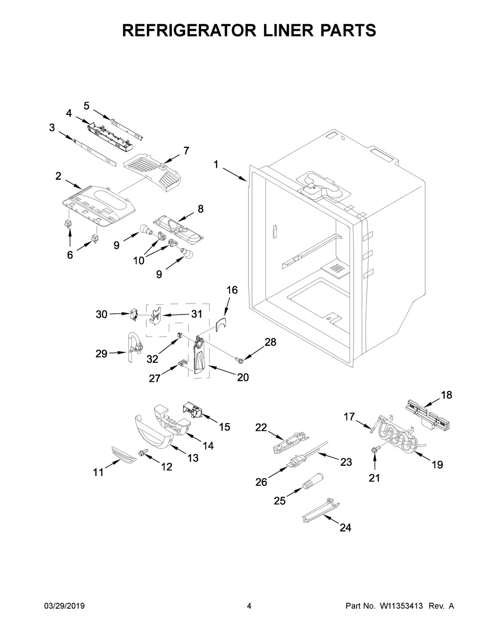 Refrigerator Liner Parts Diagram and Parts List for WRF540CWHV01  Whirlpool Refrigerator