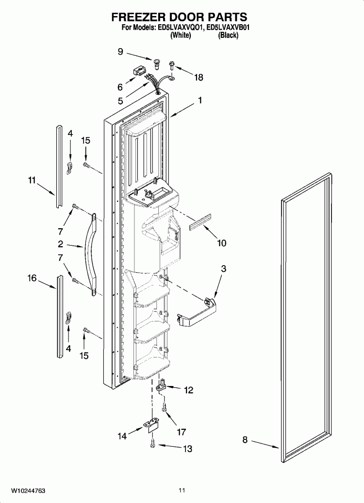 FREEZER DOOR PARTS Diagram and Parts List for ED5LVAXVB01  Whirlpool Refrigerator