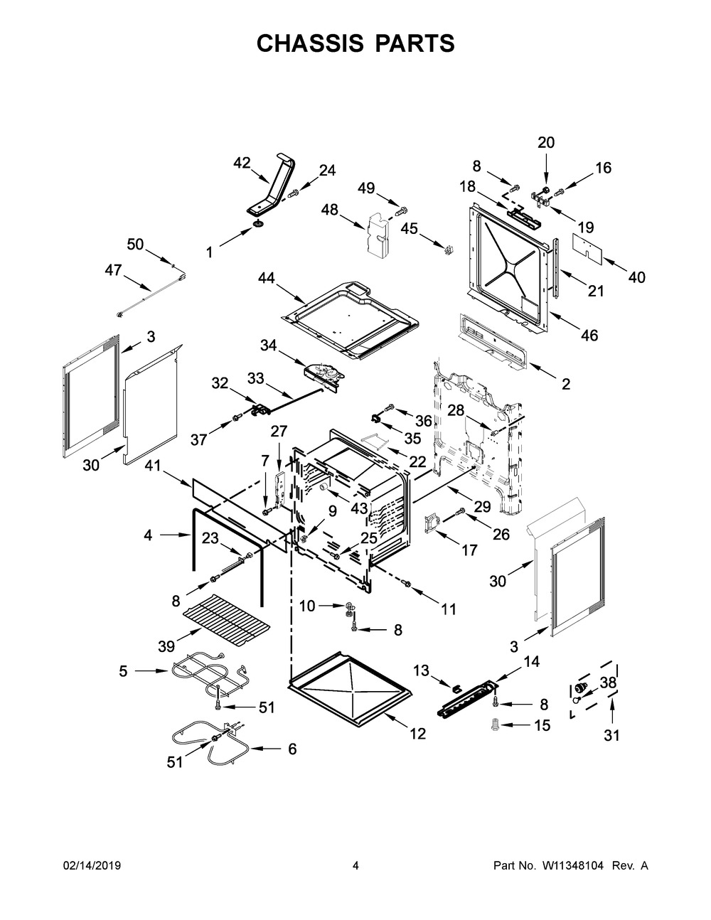 Chassis Parts Diagram and Parts List for YWEE510S0FW2  Whirlpool Range