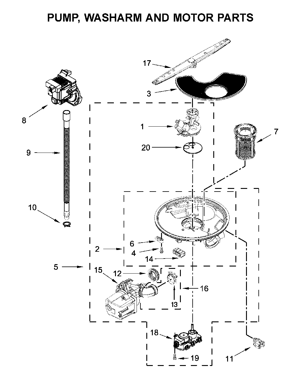 Pump, washarm and motor parts Diagram and Parts List for WDT705PAKB0  Whirlpool Dishwasher